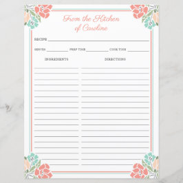 Coral & Mint Floral Cookbook Binder Rezept Blätter