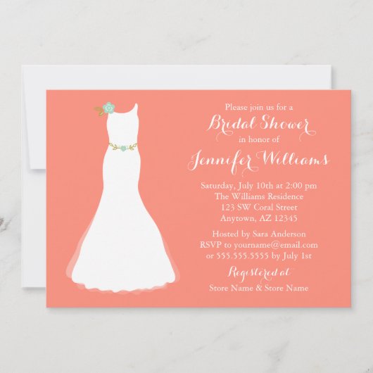 Coral Mint Floral Wedding Gown Brautparty Einladung (Vorderseite)