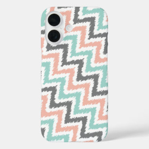 Coral Mint Linen Diagonal Zigzag Ikat Muster iPhone 16 Hülle