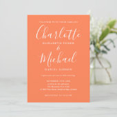 Coral Modern Signature Script Foto Hochzeit Einladung (Stehend Vorderseite)