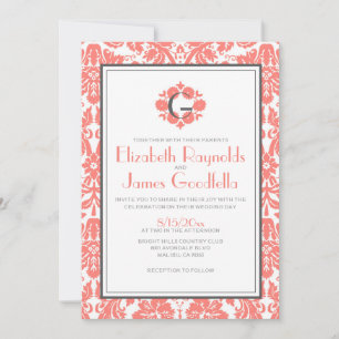 Coral Monogram Damask Hochzeitseinladungen Einladung