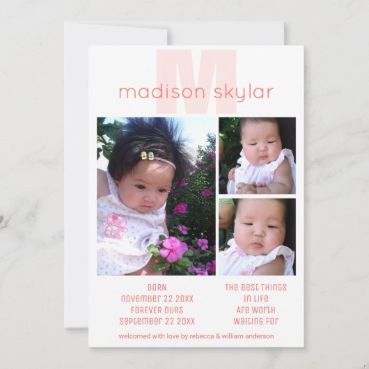 Coral Monogram Einfache Adoption 3 FotoCollage Ankündigung (Vorderseite)