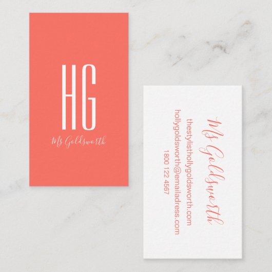 Coral Monogram Modern Visitenkarte (Vorne/Hinten)