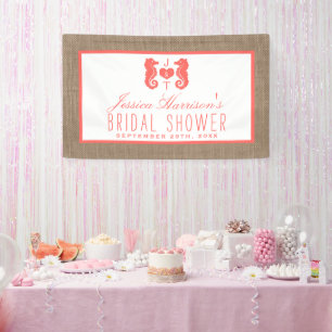 Coral Monogram Seepferd Beach Burlap Brautparty Banner
