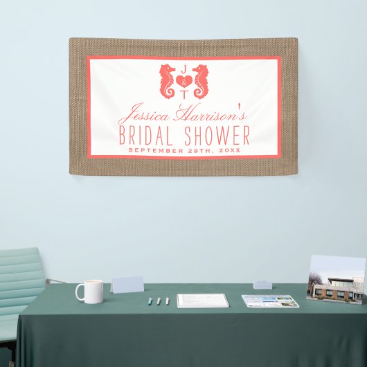 Coral Monogram Seepferd Beach Burlap Brautparty Banner (Messeveranstaltung)