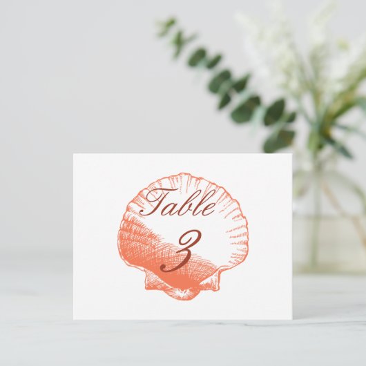 Coral Muscheln Beach Wedding Tischnummer Cards (Stehend Vorderseite)