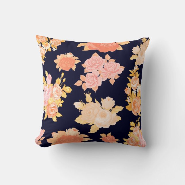 Coral & Mustard Rose für Navy Cotton Pillow Kissen (Vorderseite)