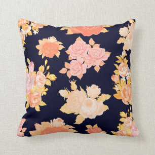 Coral & Mustard Rose für Navy Cotton Pillow Kissen
