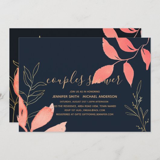 Coral Navy Blue Gold Hochzeitspaare Brautparty Einladung (Vorne/Hinten)