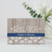 Coral Navy Blue Hydrangea Wedding RSVP Card (Stehend Vorderseite)
