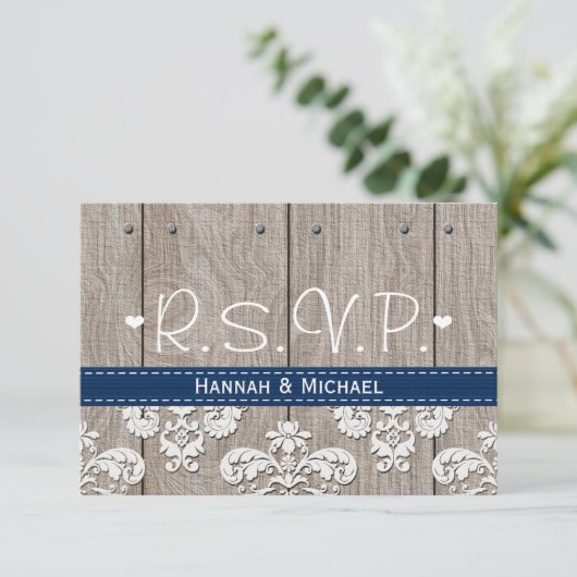 Coral Navy Blue Hydrangea Wedding RSVP Card (Stehend Vorderseite)
