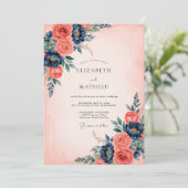 Coral Navy Blue Refined Floral Wedding Einladung (Stehend Vorderseite)