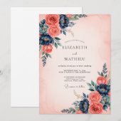 Coral Navy Blue Refined Floral Wedding Einladung (Vorne/Hinten)