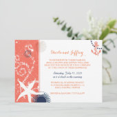 Coral Navy Blue White Nautical Wedding Einladung (Stehend Vorderseite)