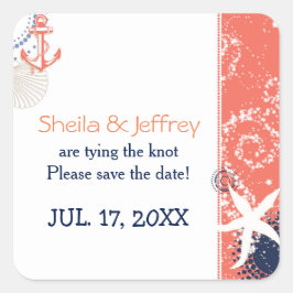 Coral Navy Blue White Nautical Wedding Quadratischer Aufkleber