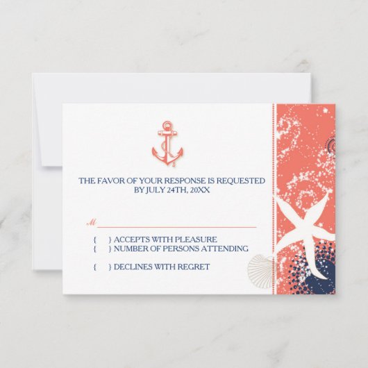 Coral Navy Blue White Nautical Wedding RSVP Karte (Vorderseite)