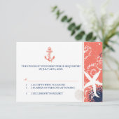 Coral Navy Blue White Nautical Wedding RSVP Karte (Stehend Vorderseite)