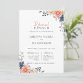 Coral & Navy Blume Elegantes Abendessen Probe Einladung (Stehend Vorderseite)