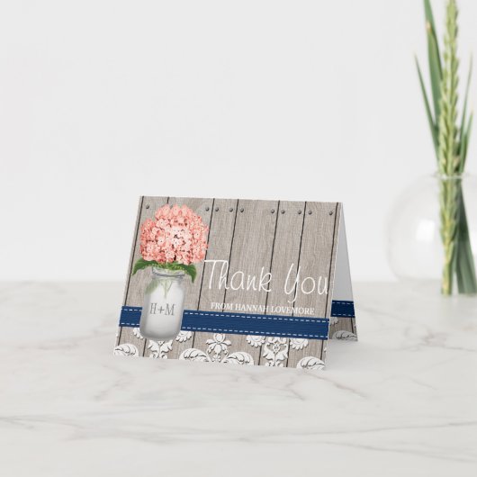 Coral Navy Hydrangea Monogram Mason Jar DANK Dankeskarte (Vorderseite)