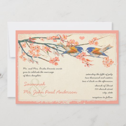 Coral Navy Love Bird Cherry Blossom Hochzeit Einladung (Vorderseite)