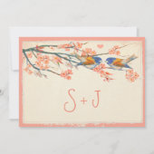 Coral Navy Love Bird Cherry Blossom Hochzeit Einladung (Rückseite)