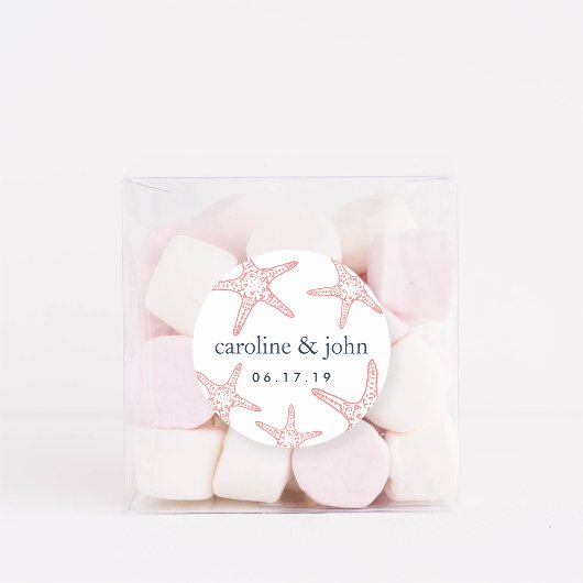 Coral & Navy Starfish Personalisierte Hochzeit Runder Aufkleber