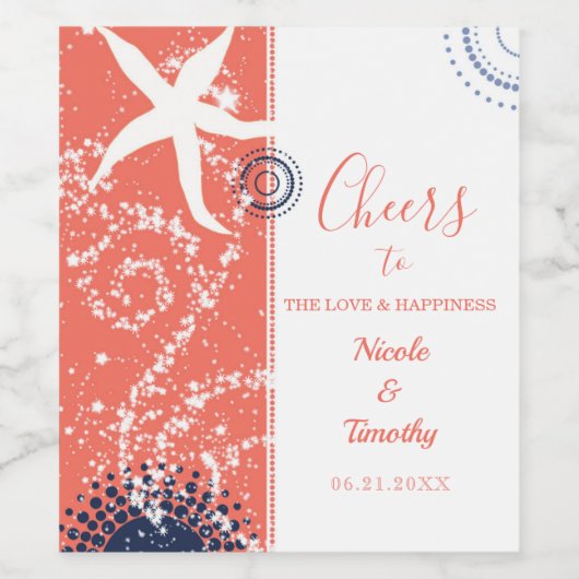 Coral Navy White Beach Hochzeit Weinetikett (Einzelnes Label)