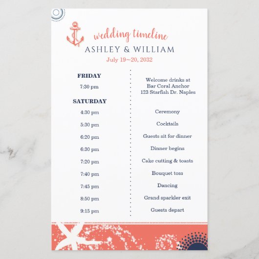 Coral Navy White Beach Wedding Timeline (Vorderseite)