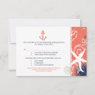 Coral Navy White Nautical Wedding Entrée Choice RSVP Karte