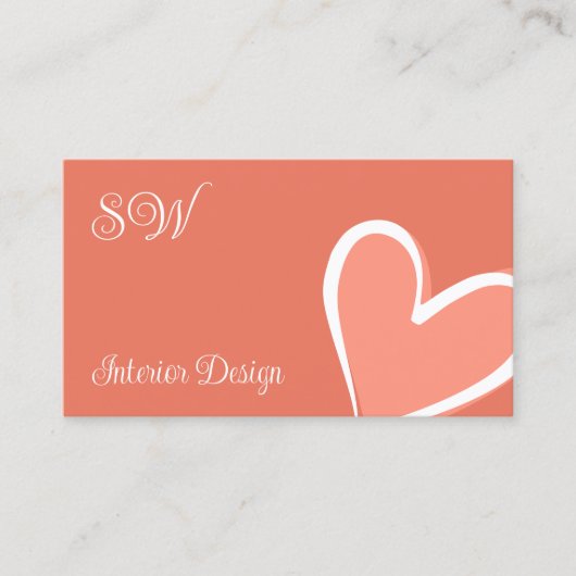 Coral Niedlich rosa Herzklopfen mit Monogramm und Visitenkarte (Vorderseite)