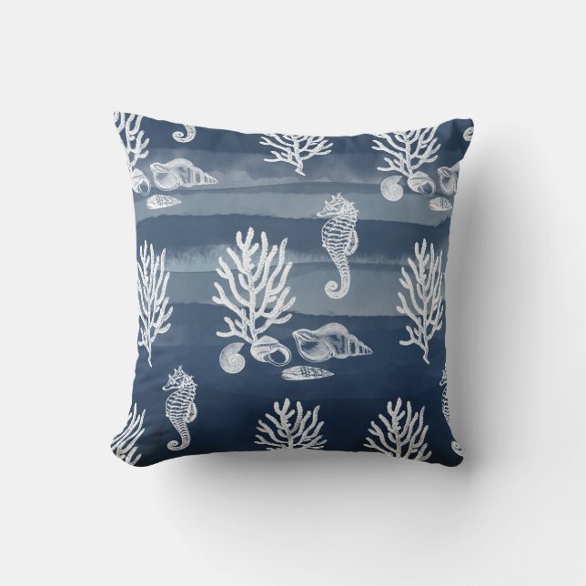 Coral Ocean Seepferd Navy Blue Throw Kissen (Vorderseite)