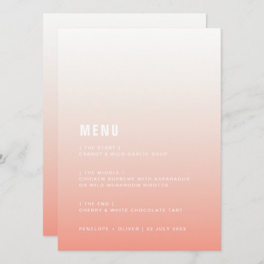 Coral Ombre | Rosa Moderne Minimalistische Hochzei Menükarte (Vorne/Hinten)