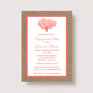 Coral on Burlap Boho Beach Engagement Party Einladung