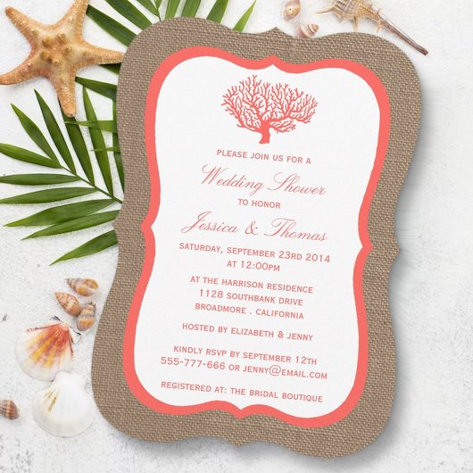 Coral on Burlap Boho Beach Wedding Dusche Einladung