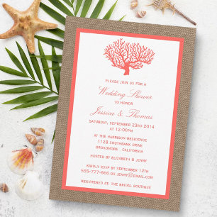 Coral on Burlap Boho Beach Wedding Dusche Einladung