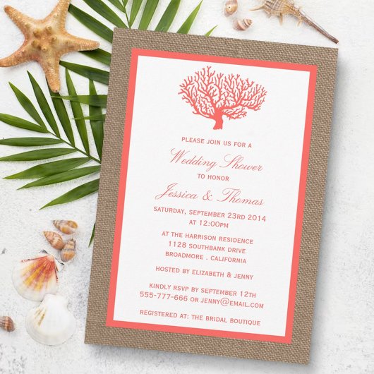 Coral on Burlap Boho Beach Wedding Dusche Einladung