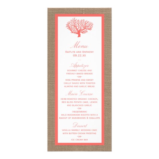 Coral on Burlap Boho Beach Wedding Menü (Vorne)