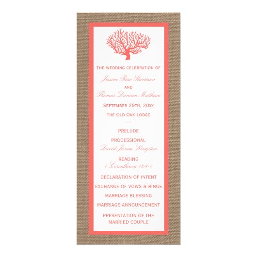 Coral on Burlap Boho Beach Wedding Program Werbekarte (Vorne)