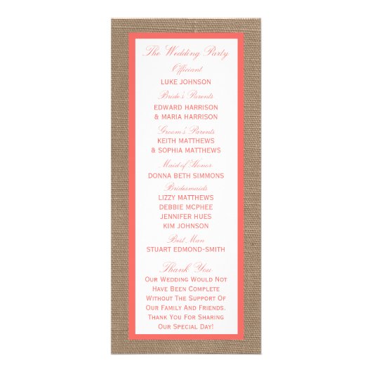 Coral on Burlap Boho Beach Wedding Program Werbekarte (Hinten)