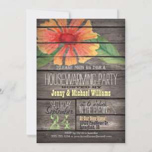 Coral Orange Blume; Rustic Housewarming Party Einladung