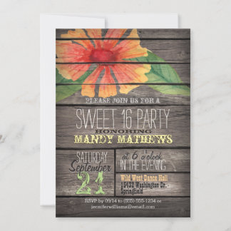 Coral Orange Blume; Rustic Wood Sweet 16 Party Einladung