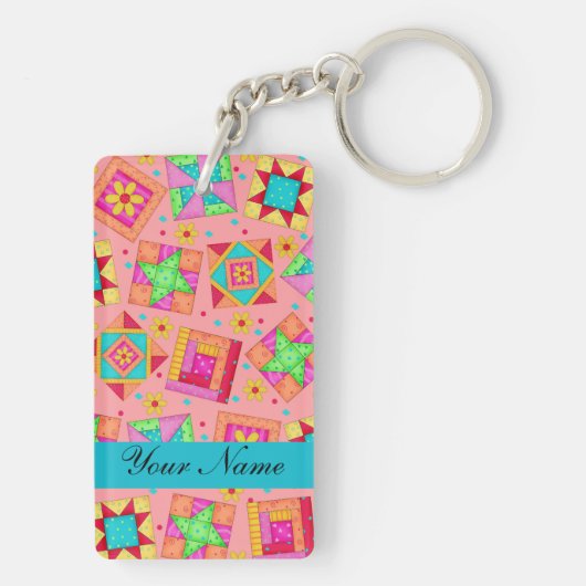 Coral Orange bunte Quilt Blocks & Personalisiert Schlüsselanhänger (Rückseite)