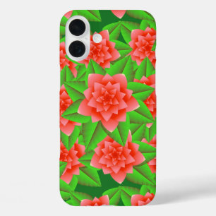 Coral Orange Camellias und grüne Blätter iPhone 16 Plus Hülle