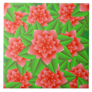 Coral Orange Camellias und grüne Blätter Fliese