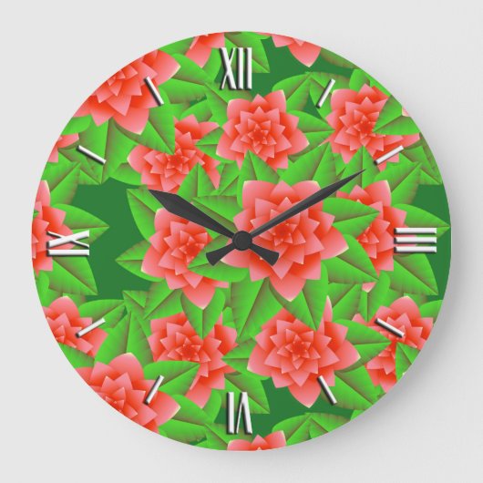 Coral Orange Camellias und grüne Blätter Große Wanduhr (Vorderseite)