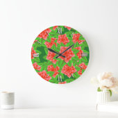 Coral Orange Camellias und grüne Blätter Große Wanduhr (Zuhause)