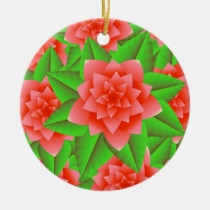 Coral Orange Camellias und grüne Blätter Keramikornament