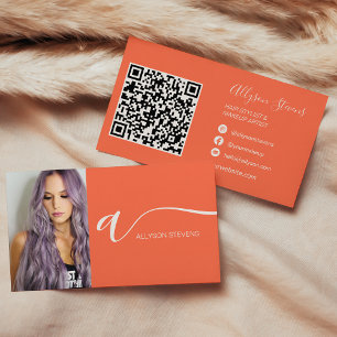 Coral orange Haar Make-up Foto Initial qr Code Visitenkarte