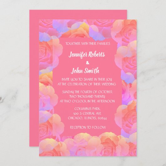 Coral Orange Lachs Pink Floral QR Code Hochzeit Einladung (Vorne/Hinten)