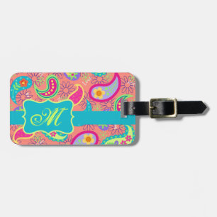 Coral Orange Modern Paisley Muster Monogram Gepäckanhänger